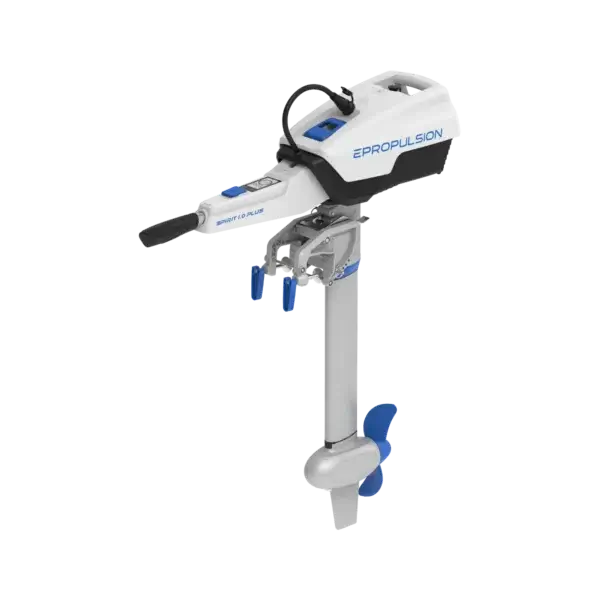 Spirit 1.0 Plus electric outboard boat motor on a white background.