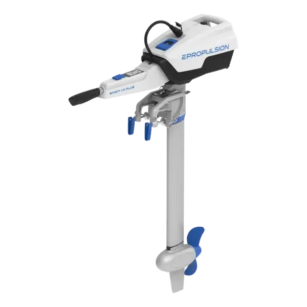 Spirit 1.0 Plus electric outboard motor against a black background.