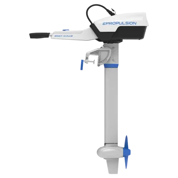 Side view of the stylish and modern Spirit 1.0 Plus electric motor, showcasing a sleek design with a top handle and bottom propeller, highlighting advanced engineering. Oceans EV