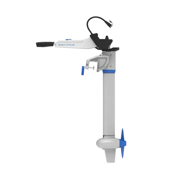 Side view of a white and gray Spirit 1.0 Plus electric outboard motor with blue accents, showing the motor shaft, handle, mounting bracket, and a blue propeller at the bottom. Oceans EV