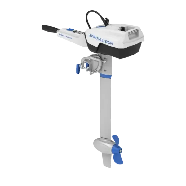 Spirit 1.0 Plus electric outboard motor on a black background.