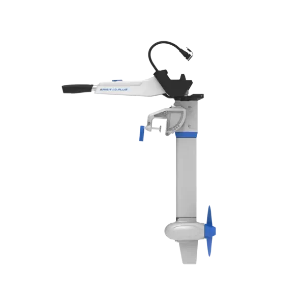 Side view of a white and gray Spirit 1.0 Plus electric boat motor with a blue propeller, black handle, and blue accents, isolated on a plain light background. Oceans EV