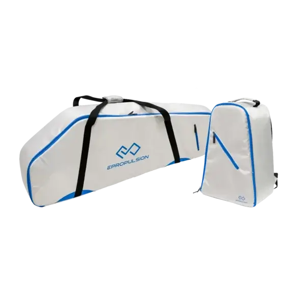 Two white and blue Spirit 1.0 Plus/Evo Bag Set bags for electric outboard motor marine equipment with handles, on a black background.