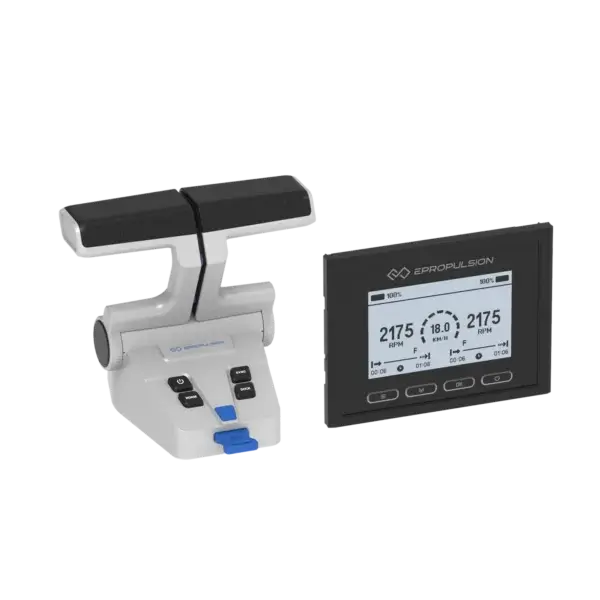 Evo Dual Remote Control marine electric outboard motor system and digital display monitor.