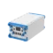 The E100 100Ah LiFePO₄ Battery is a rectangular white and blue electronic device with multiple knobs, buttons, ports, a display screen, protective blue corner guards, and a robust industrial design. Oceans EV