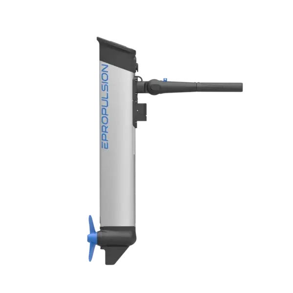 Electric outboard motor with a silver and black design, labeled "eLite," featuring an elite long shaft and a three-blade propeller, isolated on a black background.