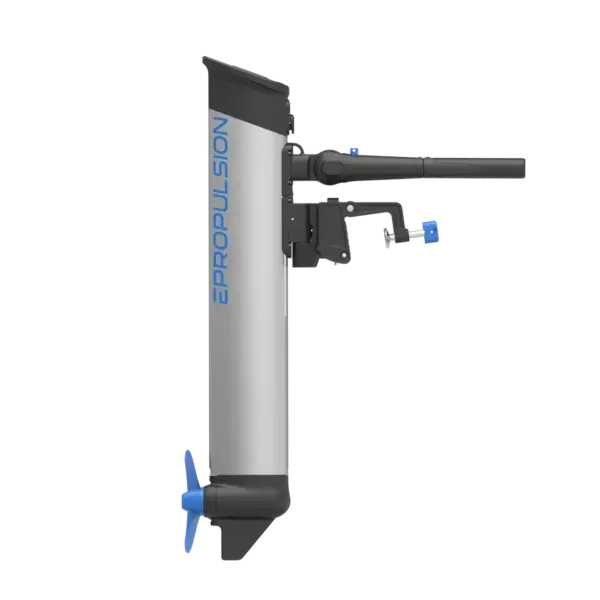 eLite electric outboard boat motor with a long shaft and blue propeller, isolated on a black background.