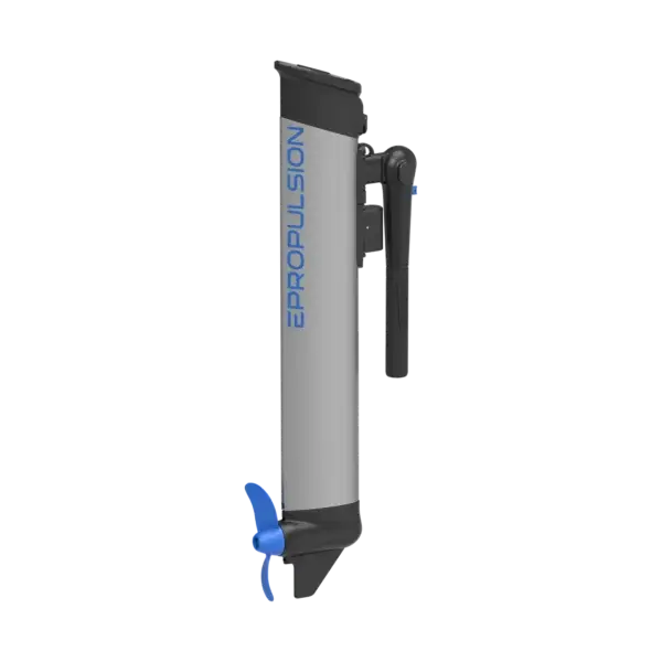 Electric outboard boat motor with a blue propeller, labeled "eLite" on gray housing, on a black background.
