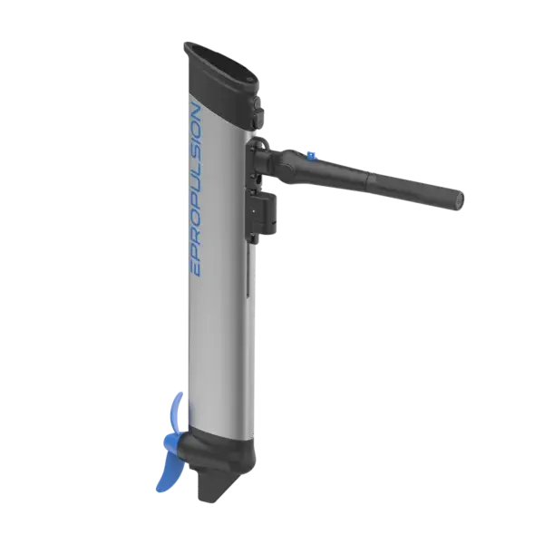 eLite Electric outboard motor with a propeller, displayed against a solid background, emphasizing the unit's elite, streamlined design.