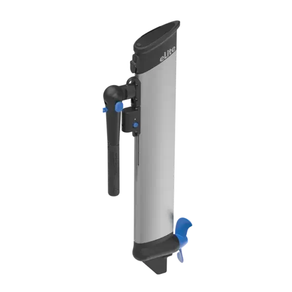 The eLite upright hand pump, featuring a sleek gray and black design with blue nozzle and handle accents, offers a modern, compact look. The "eLite" brand is prominently displayed on the side, showcasing its state-of-the-art features similar to ePropulsion innovations. Oceans EV