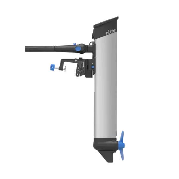 Side view of a black and white marine thruster powered by an ePropulsion electric motor, featuring a blue propeller at the bottom. The device includes a horizontal arm, branded with "eLite" at the top, showing various components and connectors. Oceans EV