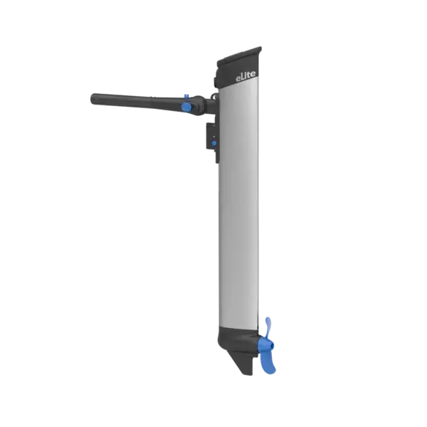 The eLite is a vertical wall-mounted bike rack in silver and black, featuring blue adjustment levers, a horizontal arm for bicycle support, and "eLite" branding at the top. Oceans EV