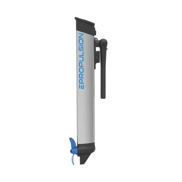 A side view of the eLite electric outboard motor featuring a vertical white shaft, blue propeller, and black handle against a plain white background. Oceans EV
