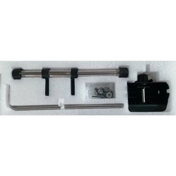 The Spirit 1.0 Evo Remote Kit is perfect for ePropulsion systems, featuring metallic and plastic hardware like two rods, a hex key, screw fasteners in a plastic bag, and a black bracket, all arranged on white foam packaging. Oceans EV