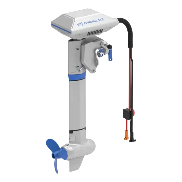 Image of a white and blue Navy 6.0 Evo ePropulsion electric boat motor, featuring branding on top. It has a sleek vertical design, with a propeller at the bottom and a black handle equipped with power cables. Oceans EV