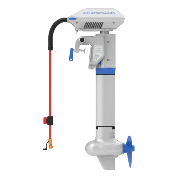 The Navy 6.0 Evo electric boat motor features a sleek white and blue design, a bottom propeller, a top-extending cable, and the prominently displayed ePropulsion brand logo. Oceans EV