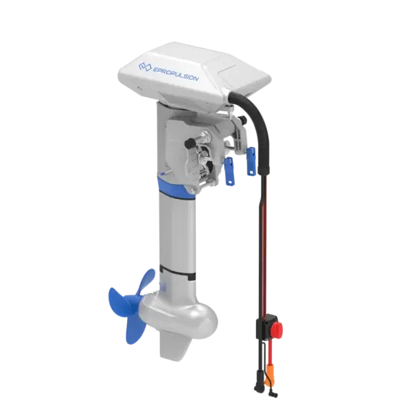 The Navy 6.0 Evo electric outboard motor features a sleek silver and blue design with a bottom propeller and side control arm. The brand name is prominently displayed on its top casing, all beautifully isolated against a white background. Oceans EV