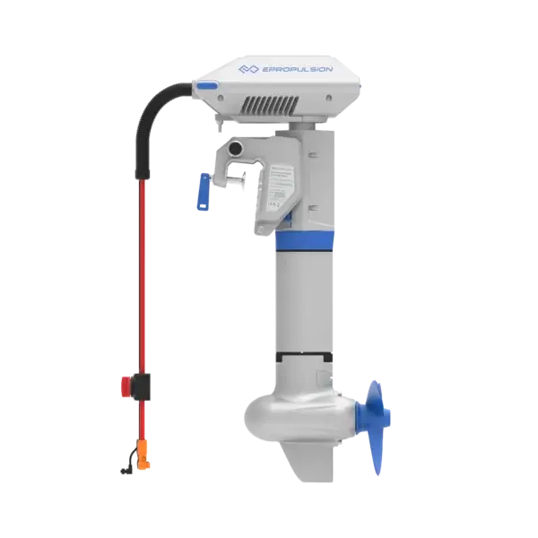 The Navy 6.0 Evo electric outboard motor features a sleek, vertical design in stylish gray and blue, with a visible propeller at the bottom. It has a black and red power cable on the side, and "ePropulsion" prominently displayed on the top casing. Oceans EV