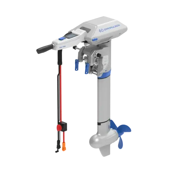 The ePropulsion electric outboard motor features a convenient handle and control panel atop its sleek design, connected to a silver shaft leading to a vibrant blue propeller. Flexible cables, with distinctive orange and black connectors, extend seamlessly from the shaft. Oceans EV