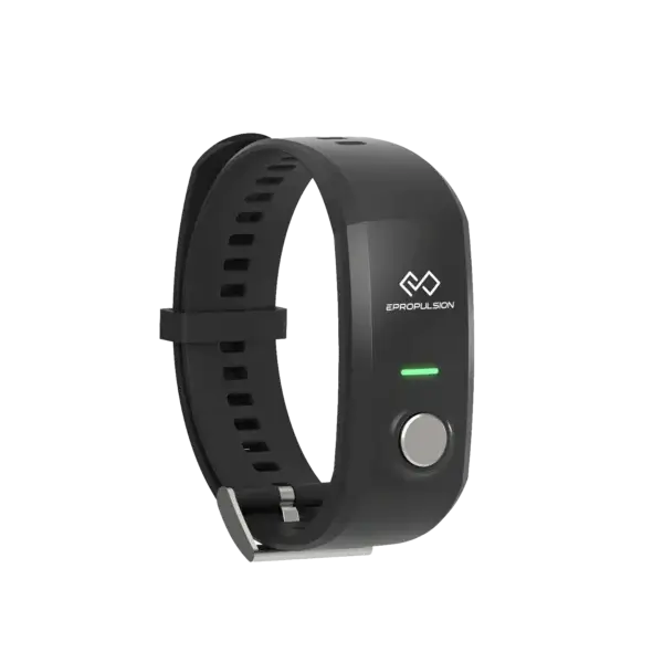 Black Wireless Safety Wristband with display screen and electric outboard motor button.
