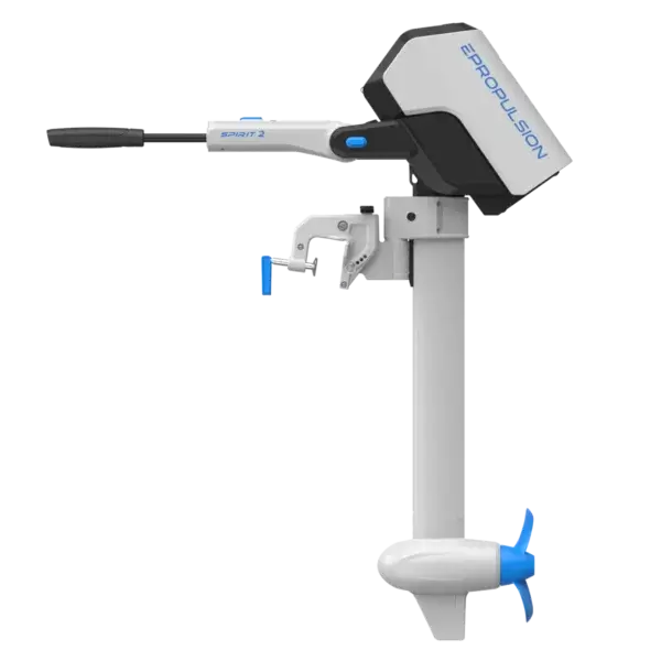 Side view of a white and blue Spirit 2 electric outboard motor, showcasing its propeller, mounting bracket, and handle against a plain background. Oceans EV