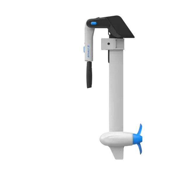 The Spirit 2 is a white and black electric boat motor with a blue propeller, mounted on a vertical metal shaft. It features an outward-extended handle and is shown against a plain white background. Oceans EV