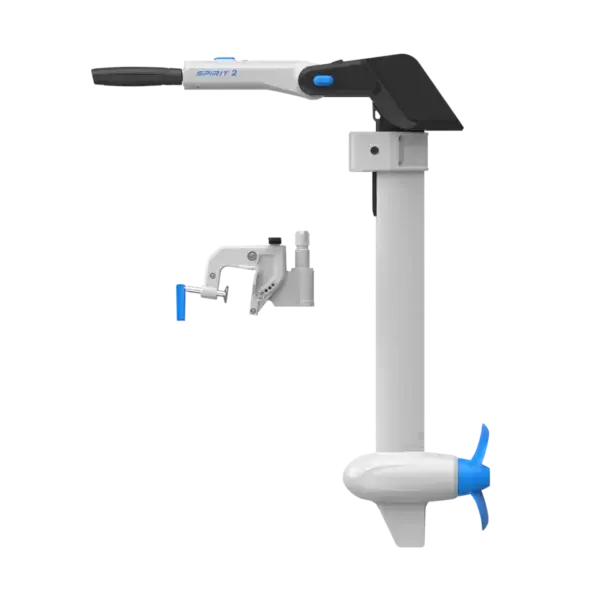 The Spirit 2 electric outboard motor features a white shaft, blue propeller, black handle, control panel, and comes with a detachable mounting bracket with a blue lever, all displayed on a white background. Oceans EV