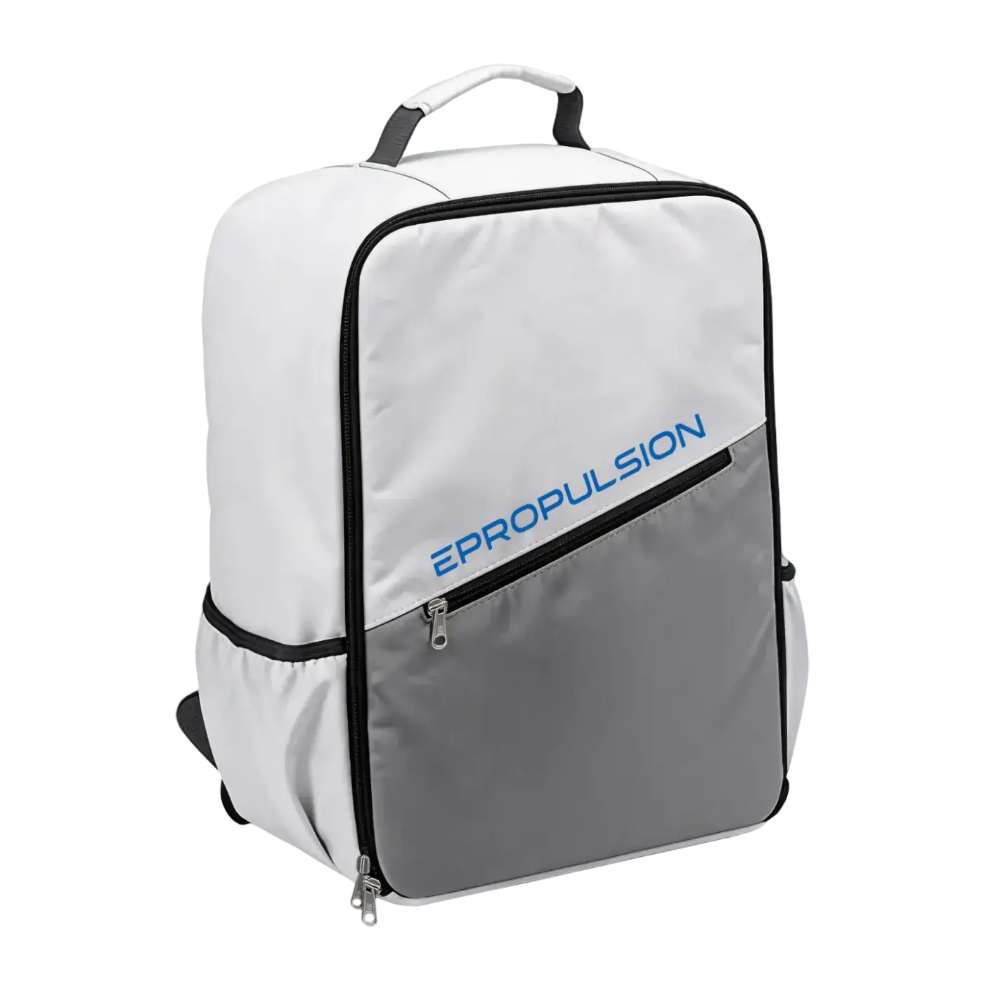 The Spirit 2 Battery Bag is a white and gray backpack featuring black zippers, a top handle, a front zip pocket, and "EPROPULSION" in blue text on the front. Oceans EV