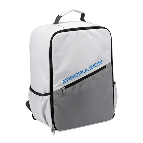 The Spirit 2 Battery Bag is a white and gray backpack featuring black zippers, a top handle, a front zip pocket, and "EPROPULSION" in blue text on the front. Oceans EV