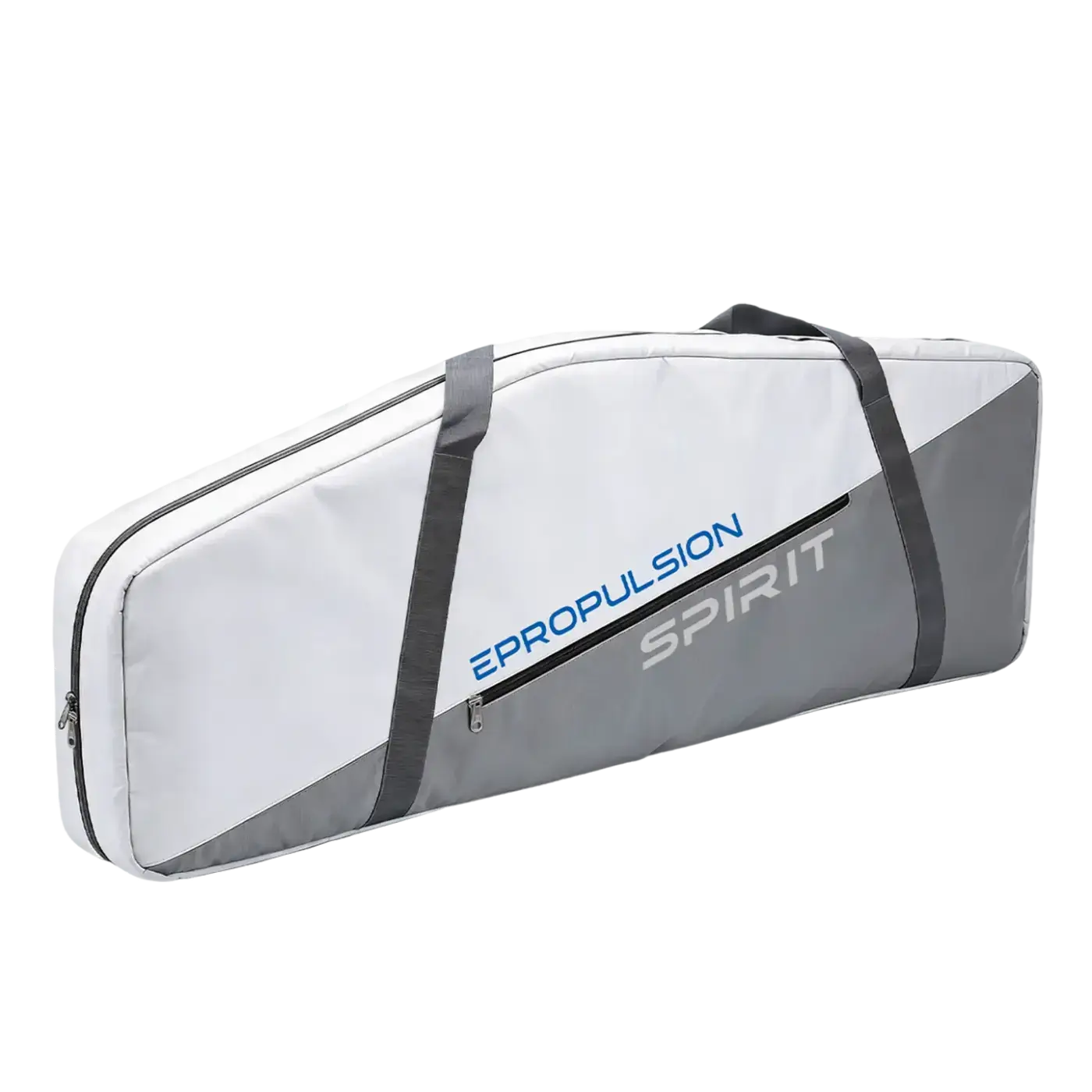 The Spirit 2 Battery Bag is a gray and white zippered case with black handles and "EPROPULSION SPIRIT 2" printed in blue and gray. Designed for long, narrow equipment, it provides soft protection for your battery. Oceans EV