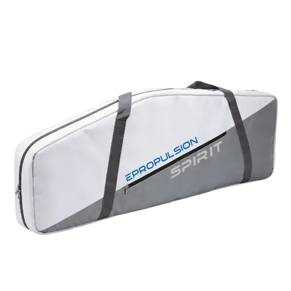 The Spirit 2 Battery Bag is a gray and white zippered case with black handles and "EPROPULSION SPIRIT 2" printed in blue and gray. Designed for long, narrow equipment, it provides soft protection for your battery. Oceans EV