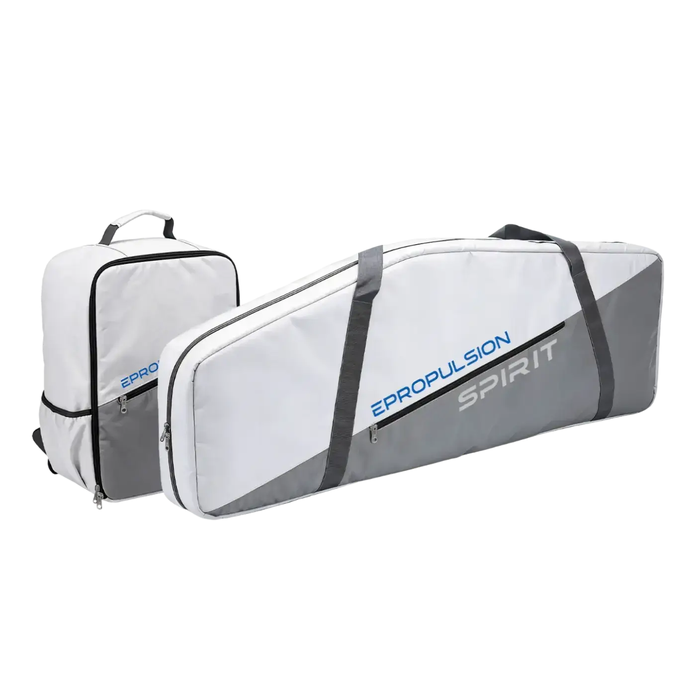 Two white and gray "ePropulsion" carrying bags: a rectangular Spirit 2 Battery Bag backpack with handle, and a long case for Spirit 2 equipment labeled "SPIRIT" in large letters. Oceans EV