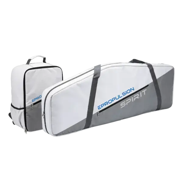 Two white and gray "ePropulsion" carrying bags: a rectangular Spirit 2 Battery Bag backpack with handle, and a long case for Spirit 2 equipment labeled "SPIRIT" in large letters. Oceans EV