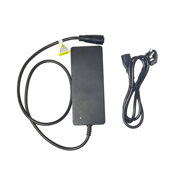 The Spirit 2 Charger in black, featuring an attached cable and connector, is displayed alongside a separate black power cord with a three-pin plug on a white background. Oceans EV