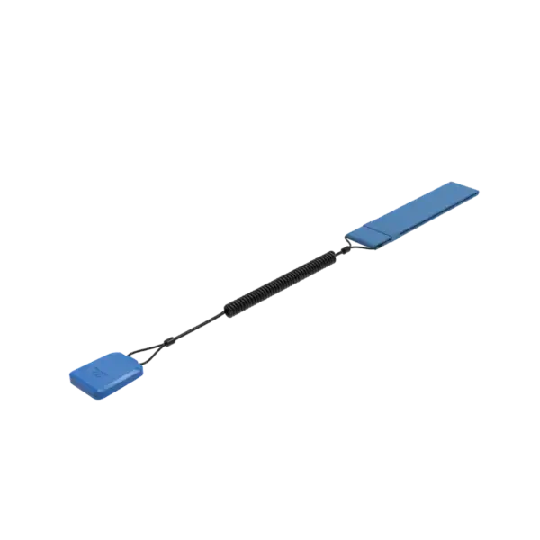 A blue flexible stick from the Spirit 2 Magnetic Kill Switch, featuring a rectangular paddle on one end, a small square piece on the other, and joined by a black coiled spring, shown against a plain white background. Oceans EV