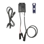 A Spirit 2 Solar Charge Controller with cables, a separate power cable with car adapter plug, and a blue plastic wrench are shown on a white background. Oceans EV