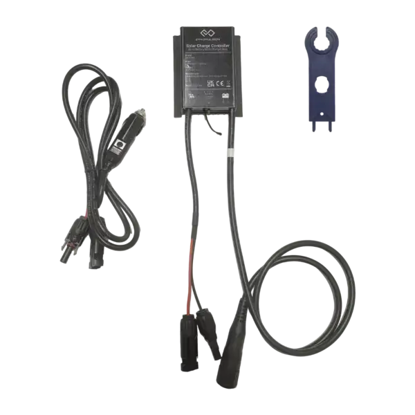 A Spirit 2 Solar Charge Controller with cables, a separate power cable with car adapter plug, and a blue plastic wrench are shown on a white background. Oceans EV