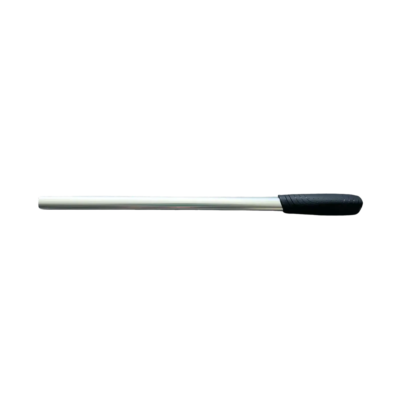 A sleek silver and black Tiller Handle Extension lies horizontally against the black backdrop, resembling ePropulsion's precision. Its design exudes an elegance akin to a finely tuned electric motor, with a pointed tip and black grip reminiscent of a marker pen's style. Oceans EV